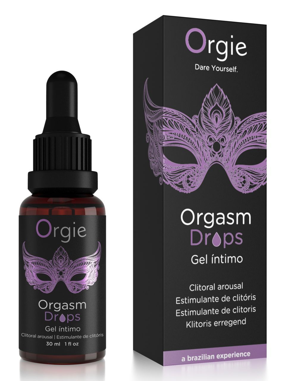 Flacone e scatola Orgie Orgasm Drops con design a maschera.