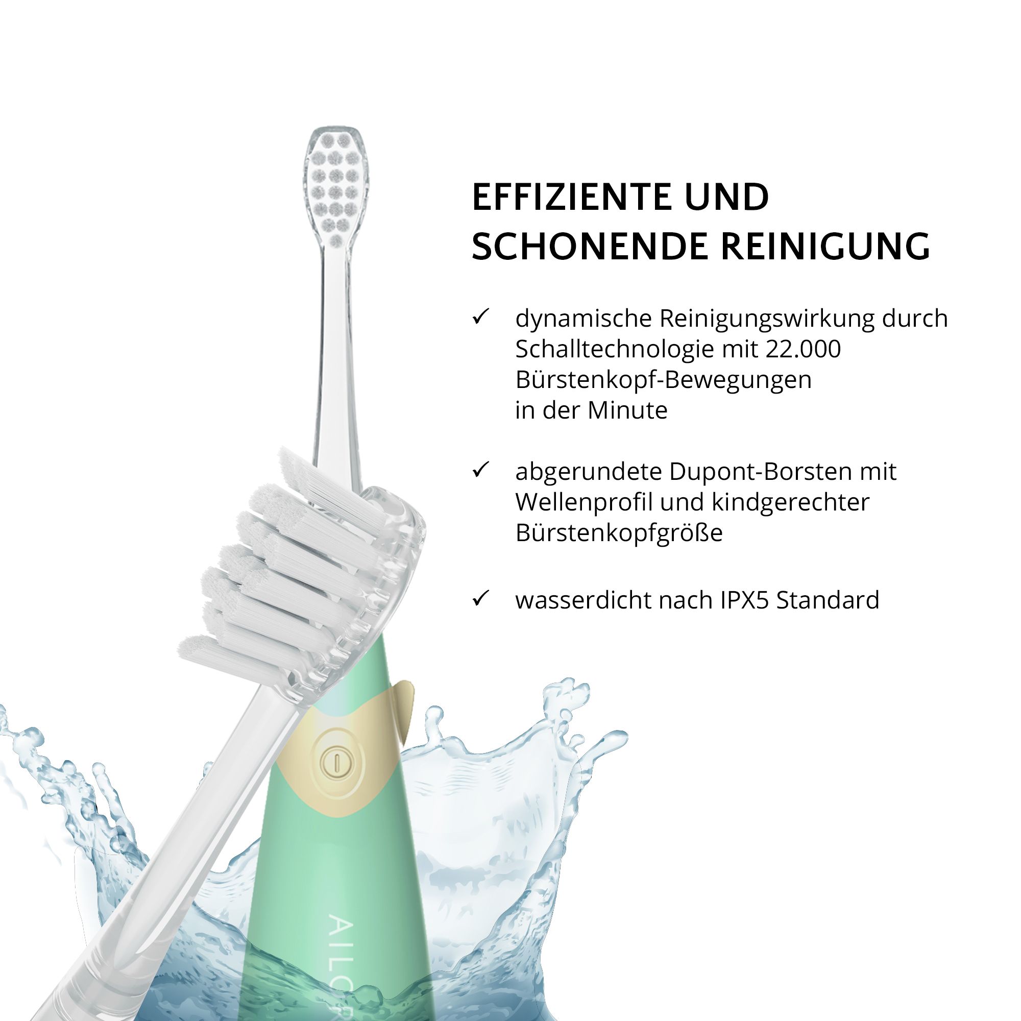 Spazzolino con testo: Pulizia efficace e delicata. Setole arrotondate, impermeabile.