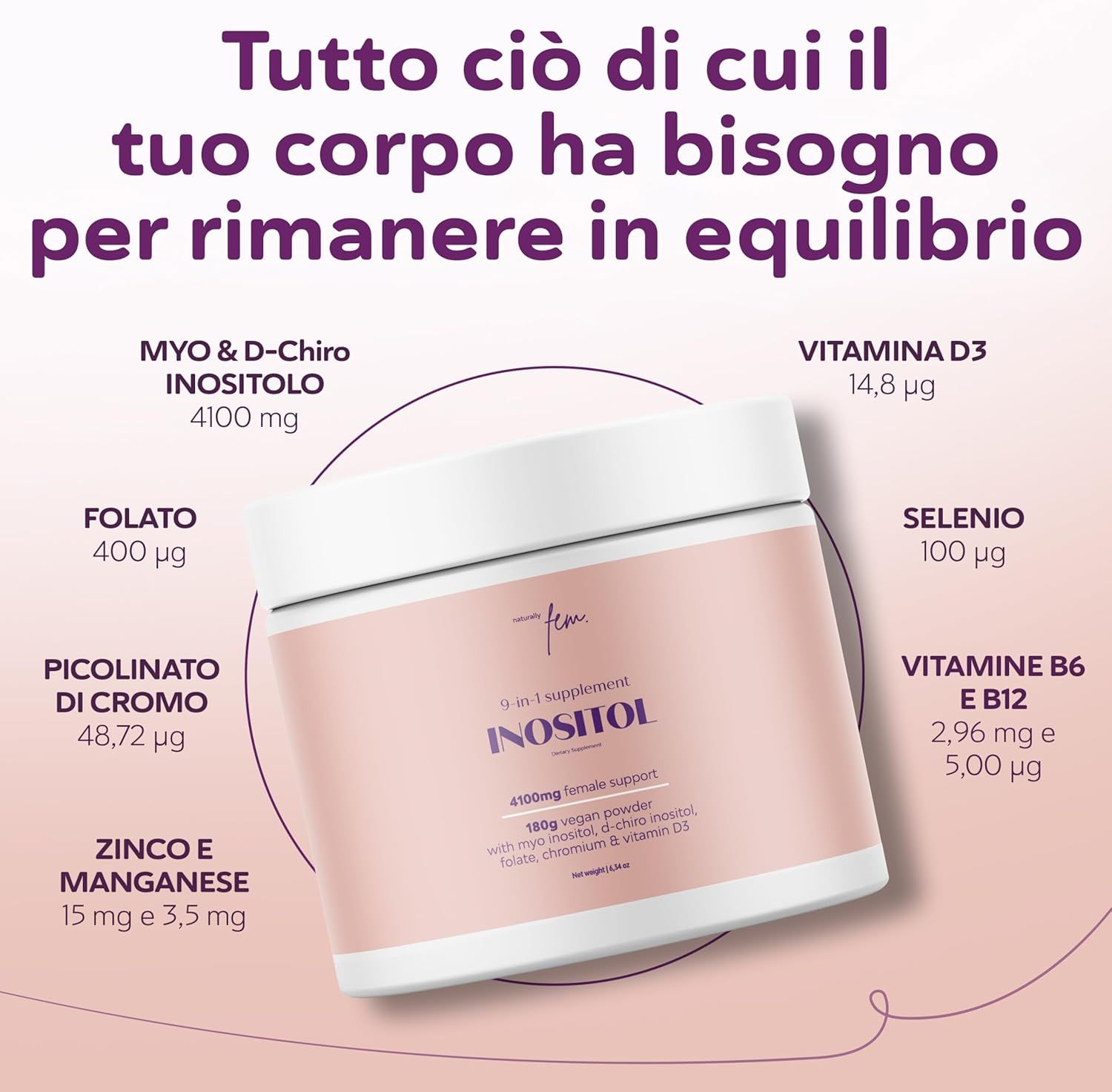 QSTA D-Chiro & Myo Inositol Polvere: barattolo con ingredienti come Myo & D-Chiro Inositolo, Cromo, Selenio, Vitamine B6/B12.