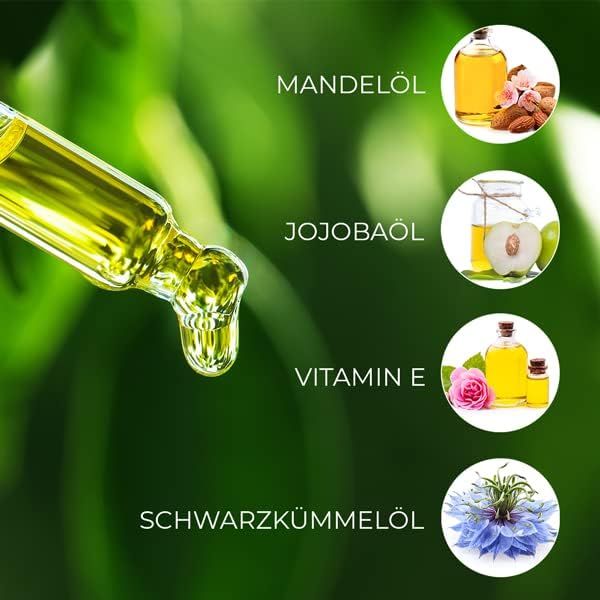 Olio che gocciola da una pipetta. Immagini di olio di mandorle, olio di jojoba, vitamina E e olio di cumino nero.