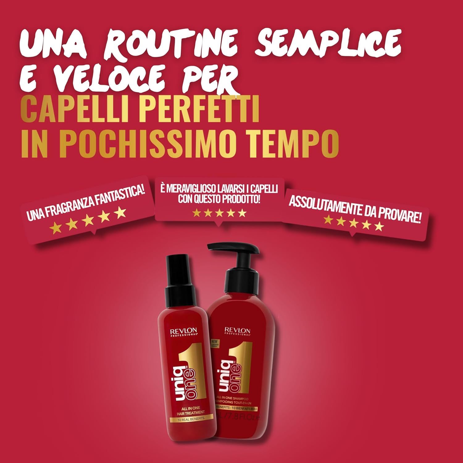 Due flaconi rossi Revlon UniqOne. Shampoo con pompa, trattamento con spray. Scritta dorata.