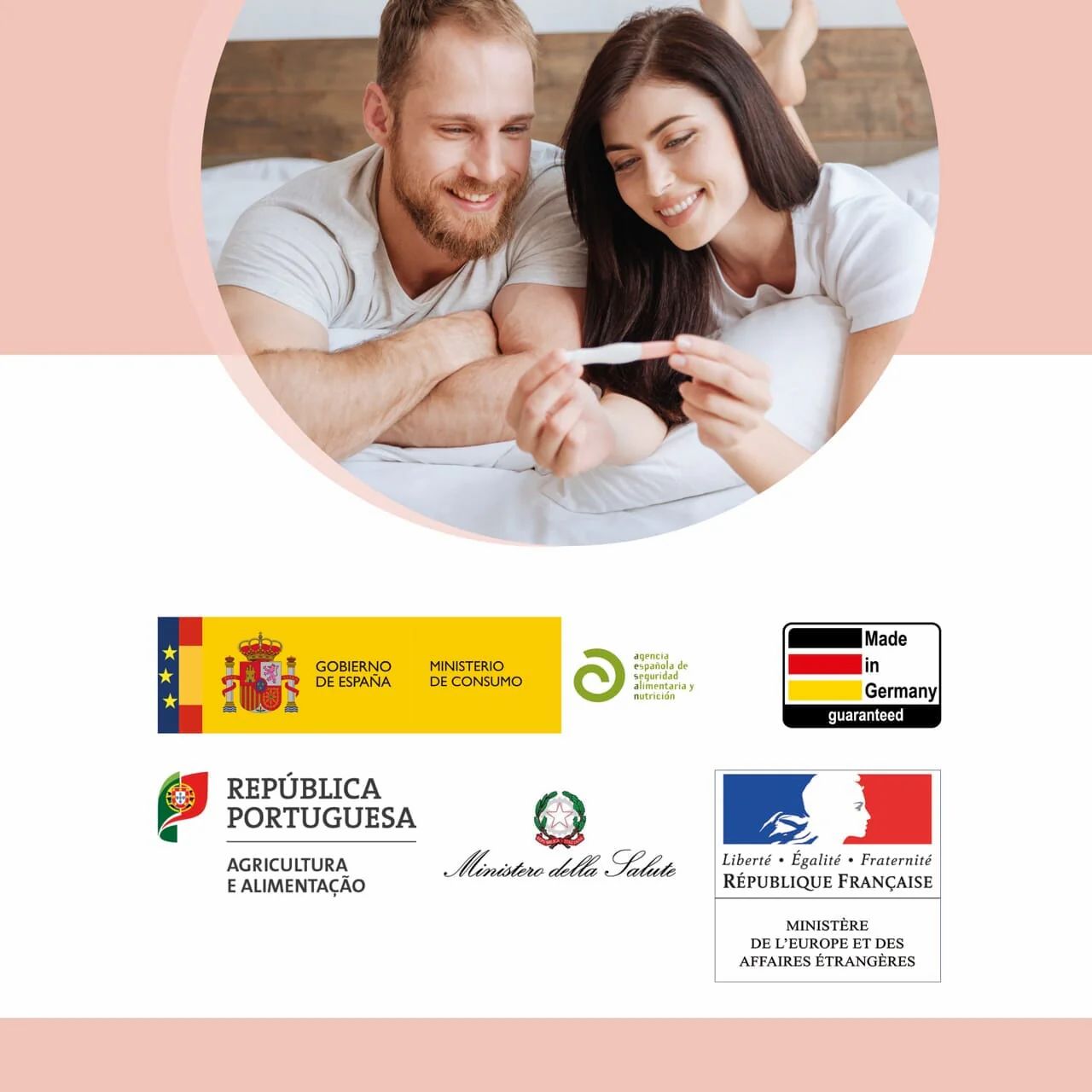 Coppia a letto, tiene test di gravidanza. Loghi: Spagna, Portogallo, Italia, Francia, Germania.