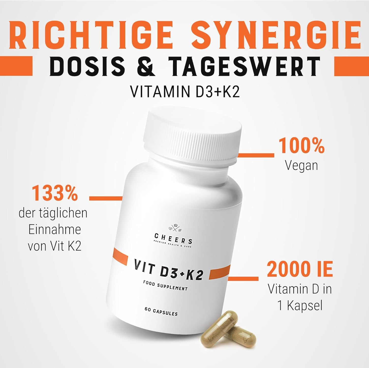 Flacone bianco con capsule. Scritta: VIT D3+K2, 133% K2, 100% Vegan, 2000 UI Vitamina D. 60 capsule.