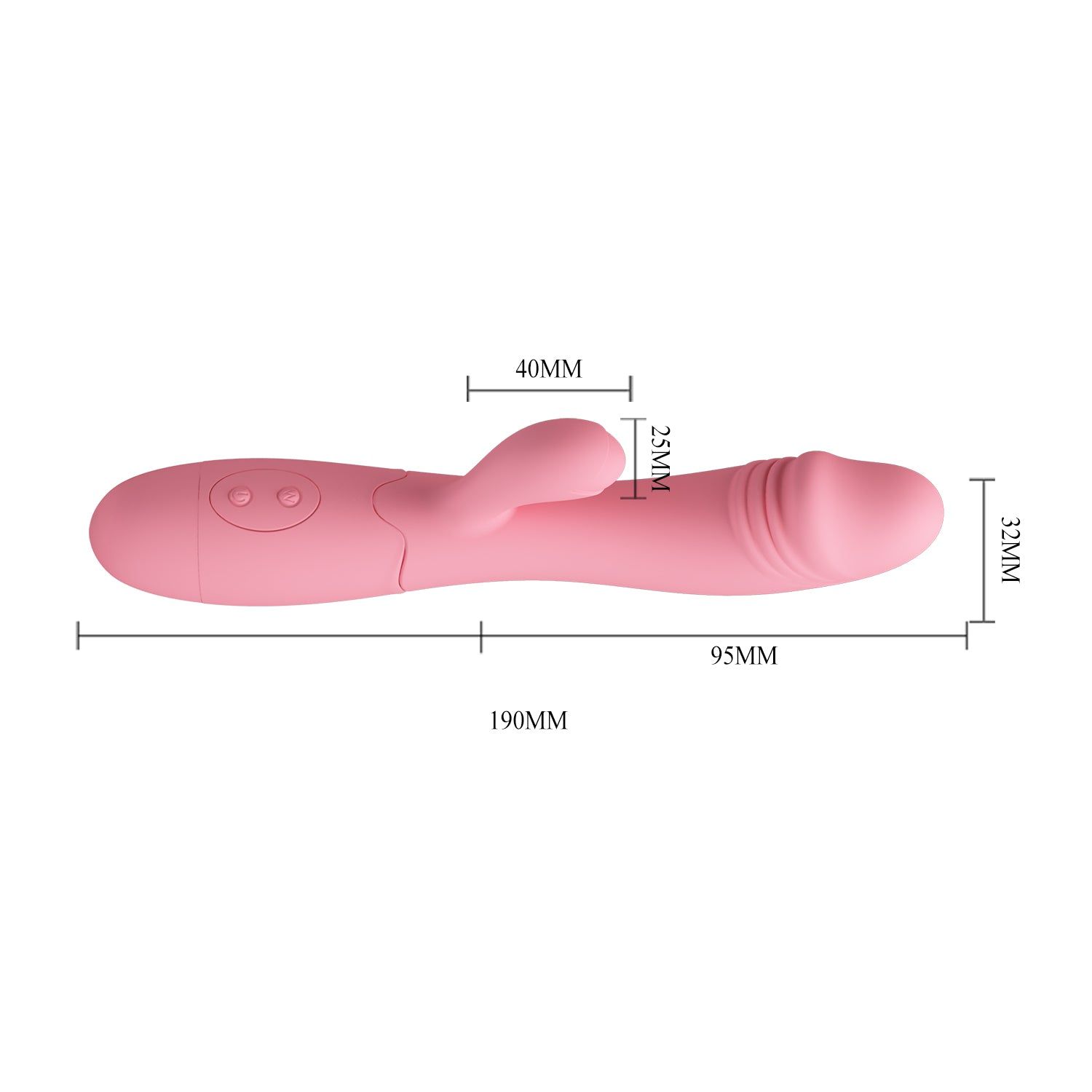 Vibratore rosa con dimensioni: 190mm lungo, 95mm largo, 32mm alto. Due pulsanti.