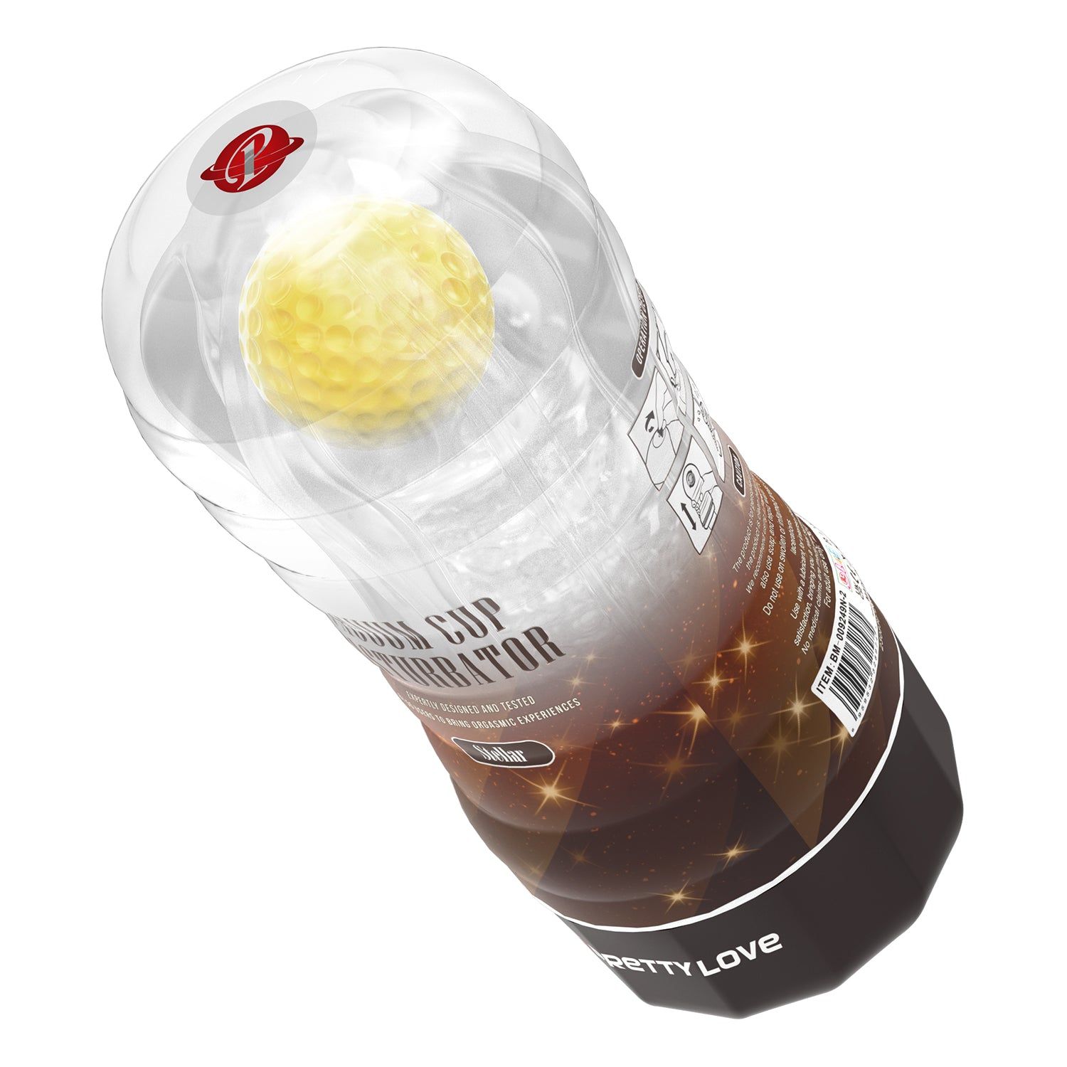 Masturbatore a tazza a vuoto. Corpo trasparente, base marrone. Inserto giallo. Testo: VACUUM CUP MASTURBATOR, Stellar, PRETTY LOVE.