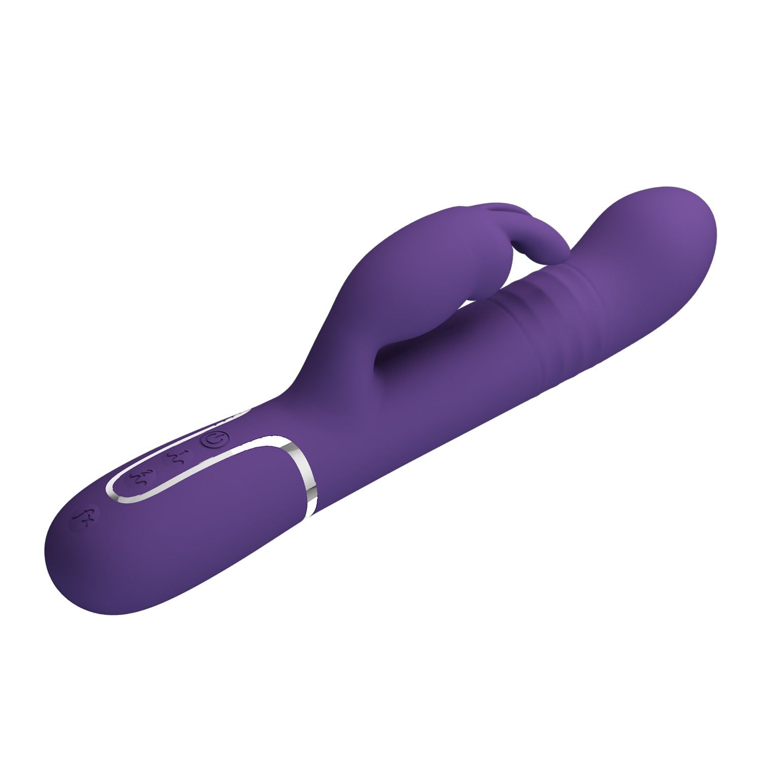 Vibratore viola con design a orecchie di coniglio. Stelo cilindrico, estremità arrotondata, pulsanti.