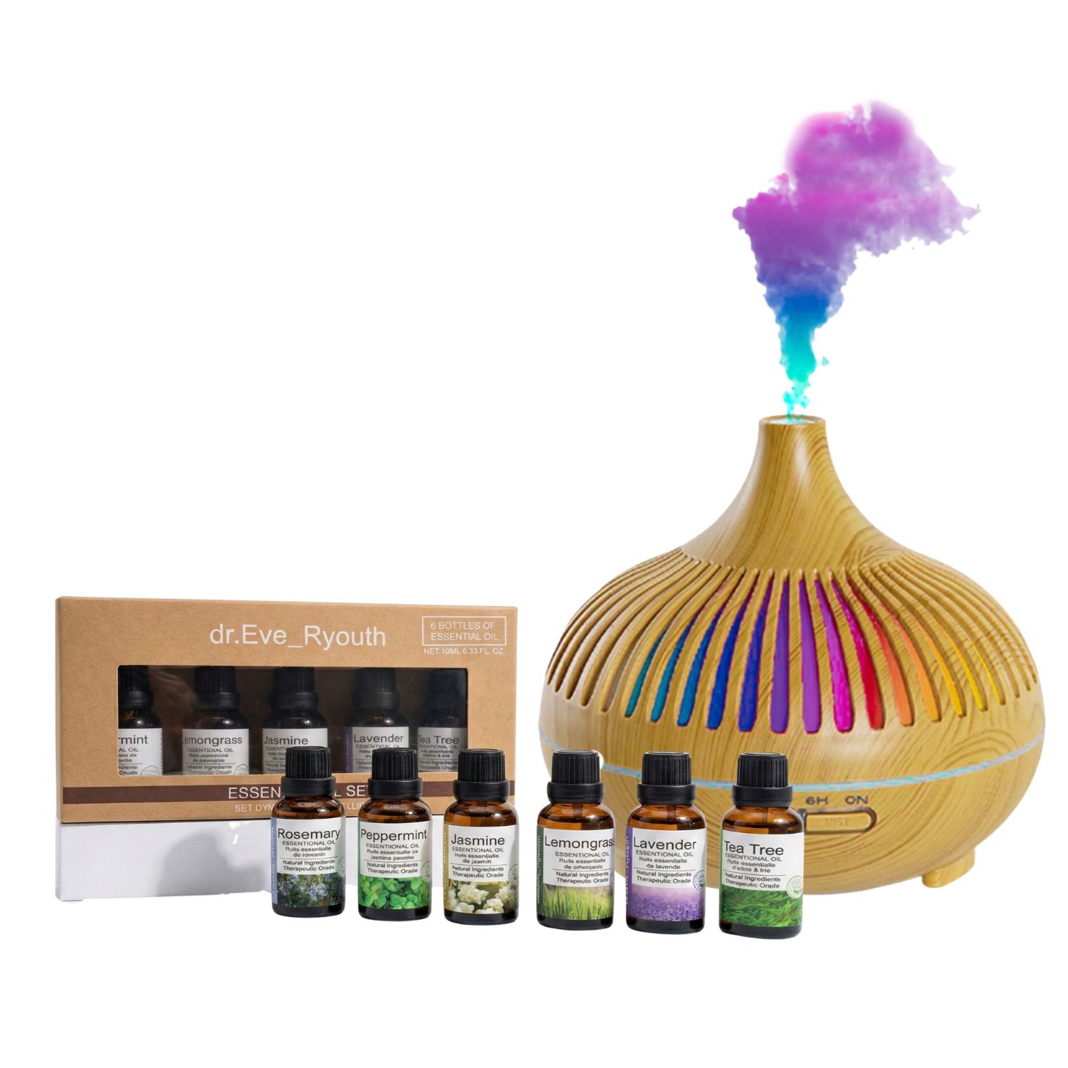 Set diffusore aromaterapia con bottiglie. Diffusore in legno, luce colorata. Bottiglie etichettate.
