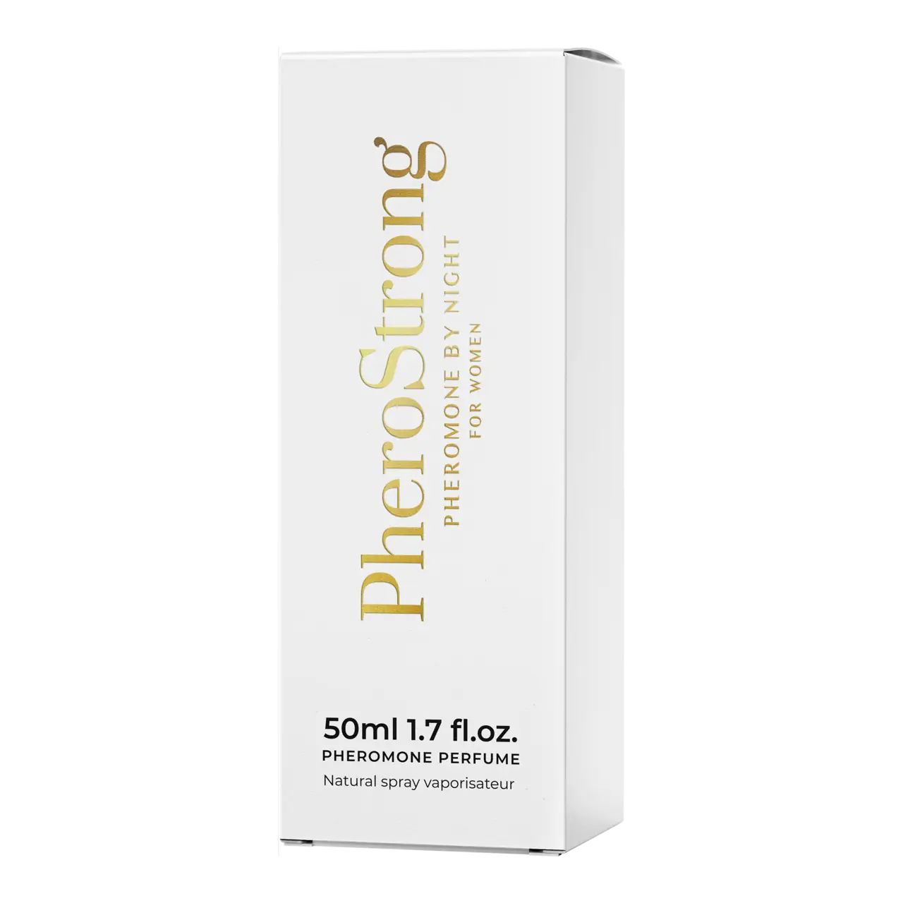 Confezione bianca con testo dorato PheroStrong. 50ml. Profumo ai feromoni.
