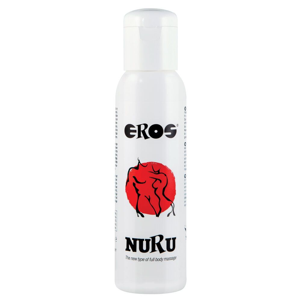Flacone bianco con tappo bianco. Stampa: EROS, cerchio rosso con figure, NURU.