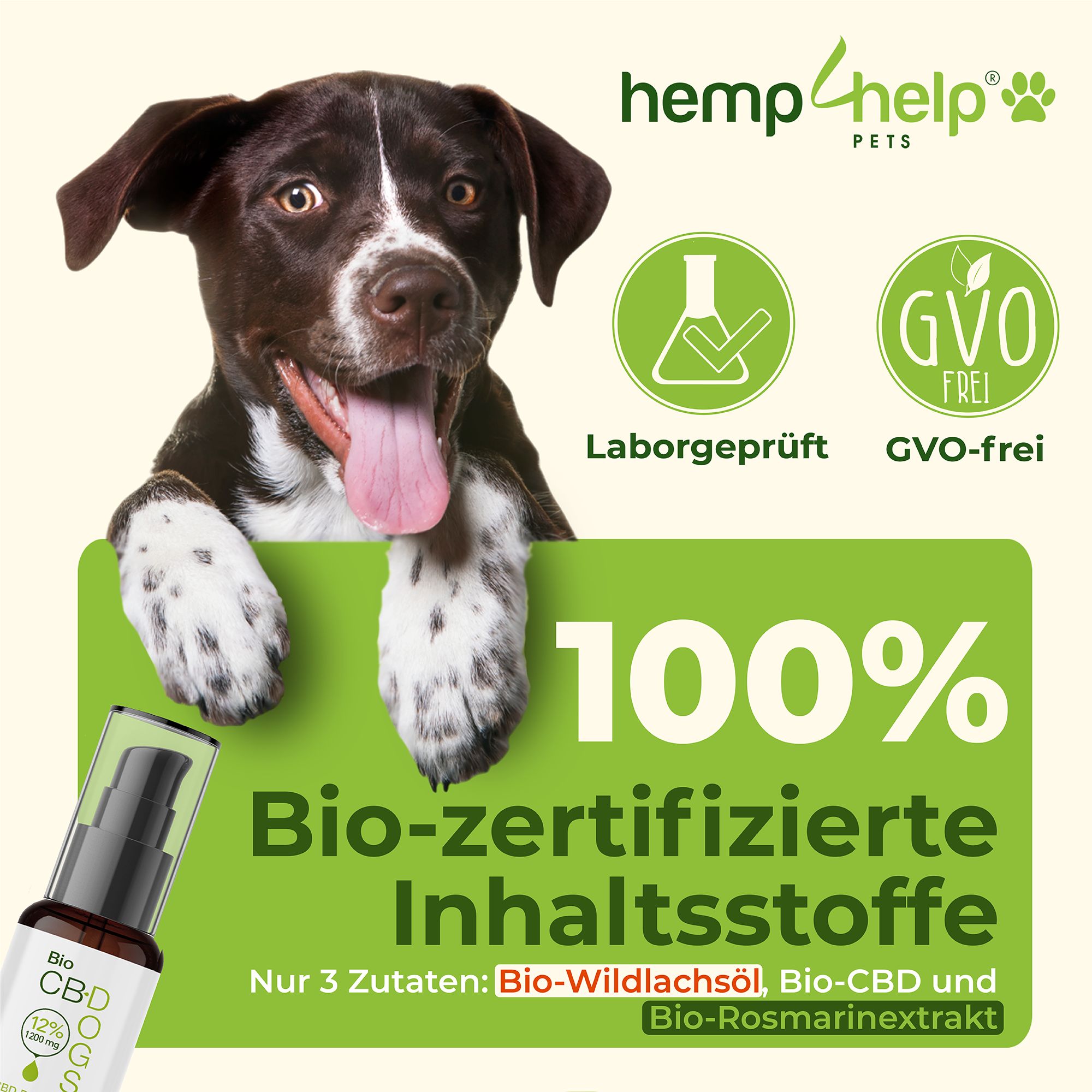 Cane con testo: 100% ingredienti biologici certificati. Flacone di olio CBD. Loghi: Testato in laboratorio, senza OGM.