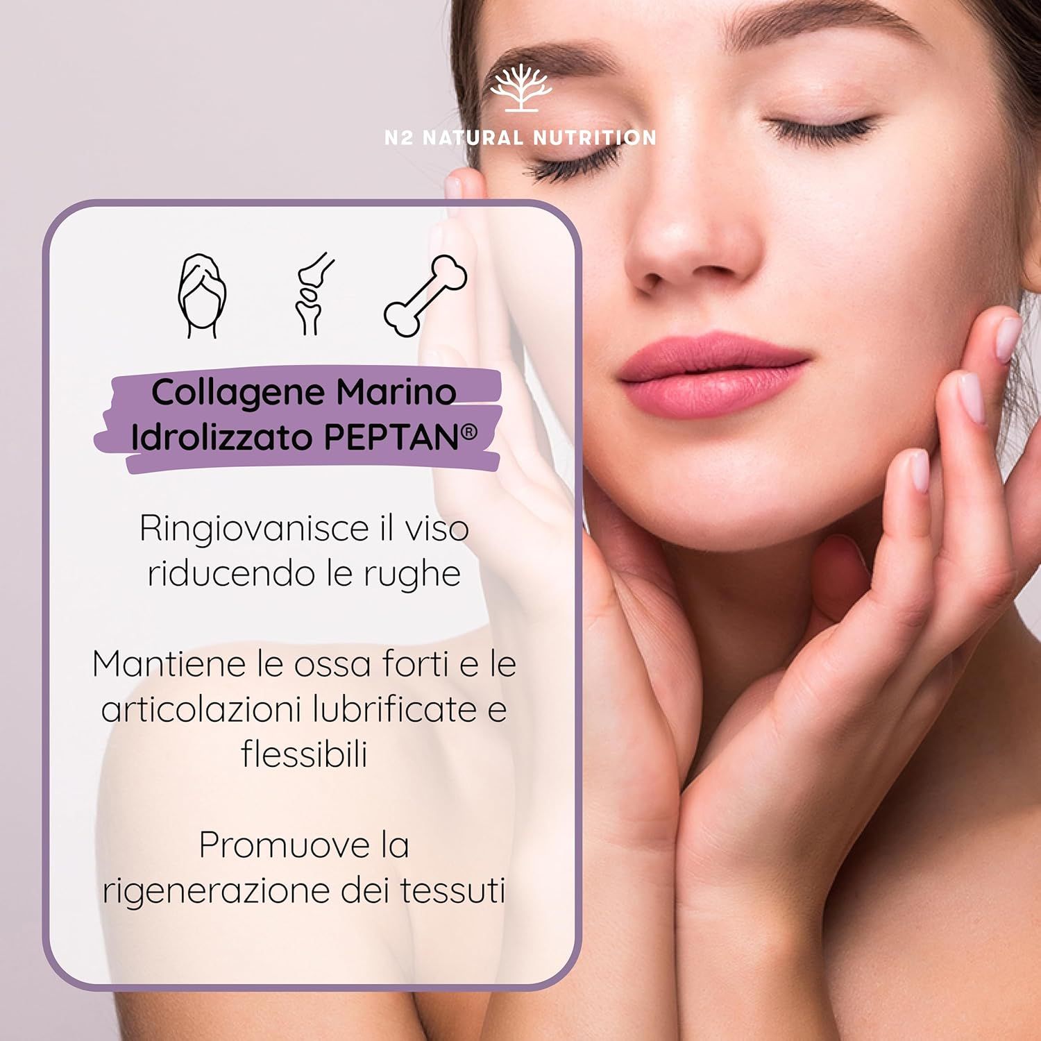 Donna tocca il viso. Testo: Collagene marino. Riduce le rughe, rafforza le ossa.