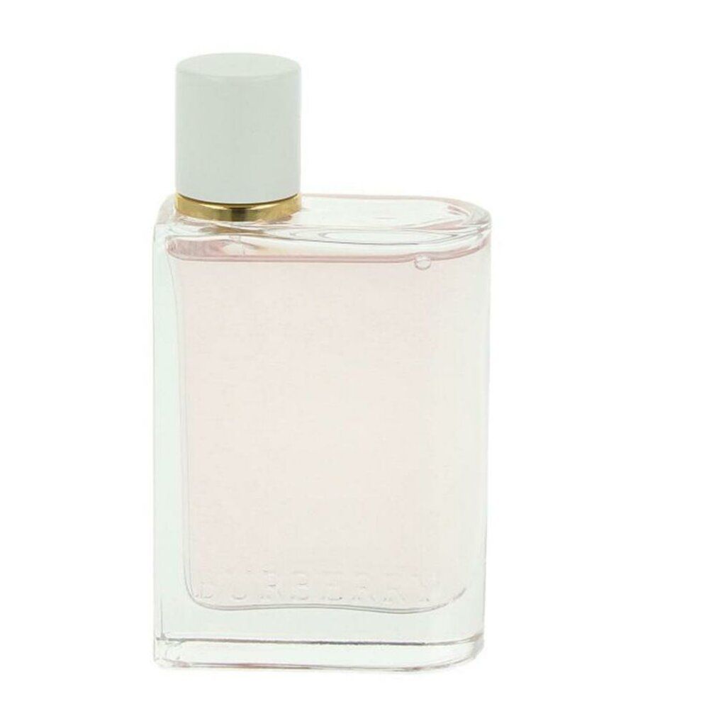 Flacone di profumo con tappo bianco e anello dorato. Liquido rosa in un contenitore di vetro quadrato.