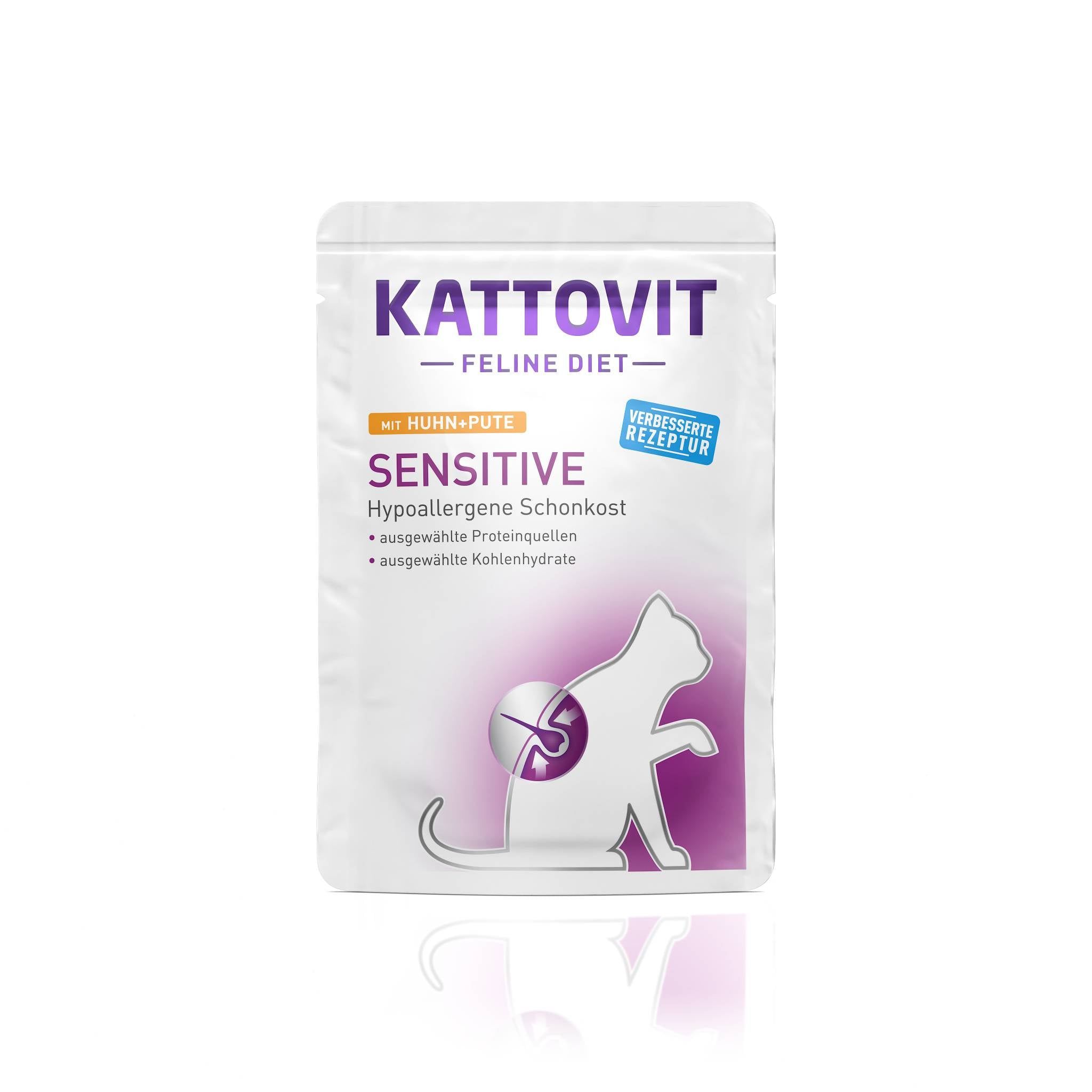 Confezione di cibo per gatti KATTOVIT SENSITIVE, con pollo e tacchino. Illustrazione di gatto. Alimento ipoallergenico.