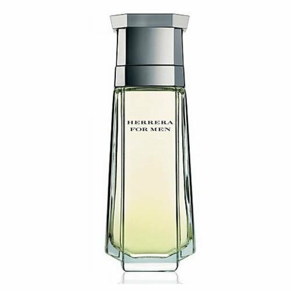 Flacone Herrera For Men. Flacone angolare con tappo argentato. Etichetta bianca con testo nero.