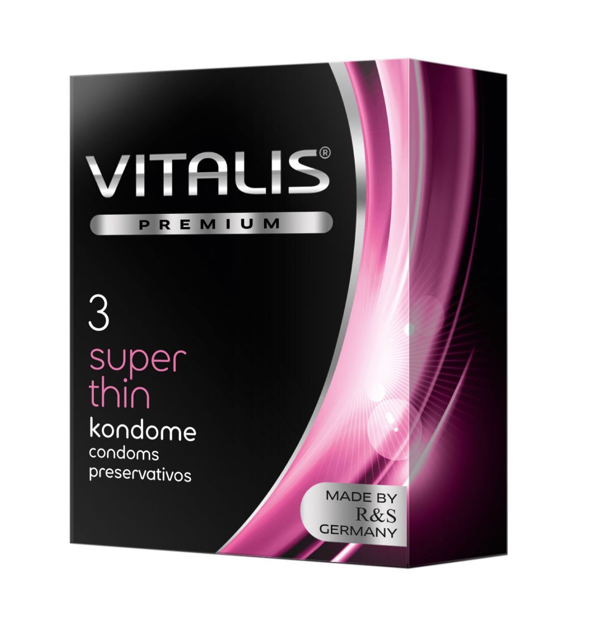 Confezione nera con nome del prodotto e "3 super thin kondome". Elementi rosa. Prodotto da R&S Germany.