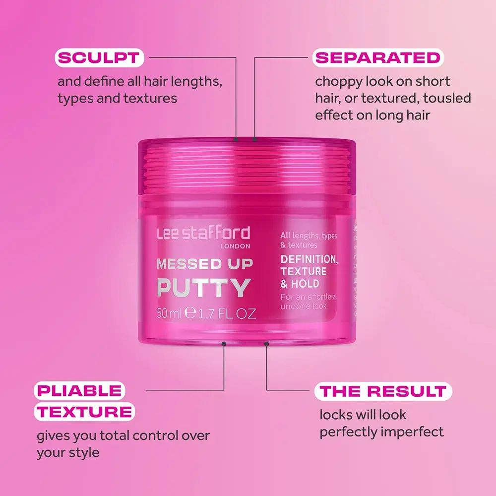 Vasetto rosa LEE STAFFORD Messed Up Putty. Testo, Sculpt, Separate, Hold. Descrizioni e frecce.