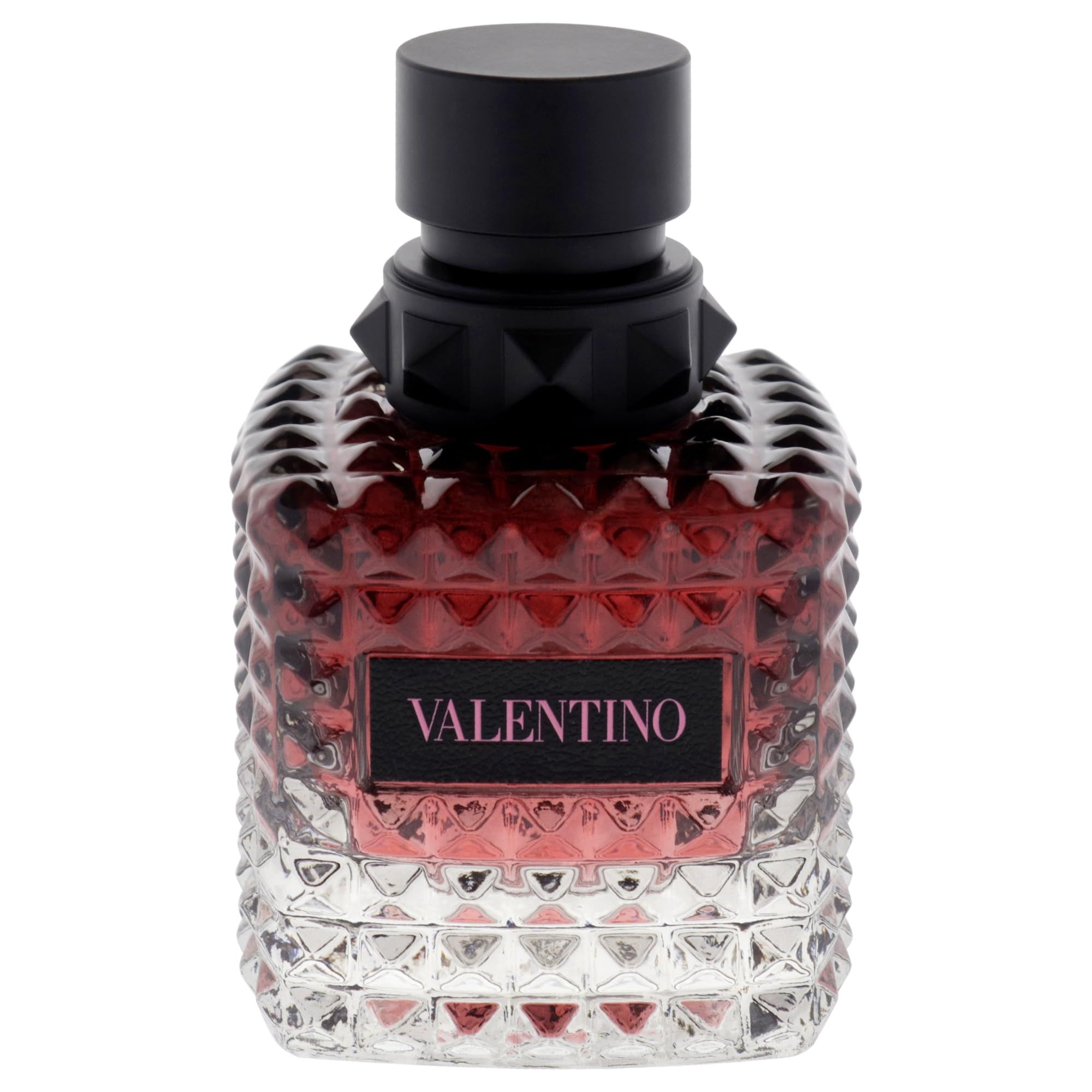 Flacone in vetro con tappo nero. Scritta VALENTINO su etichetta nera. Profumo rosso.