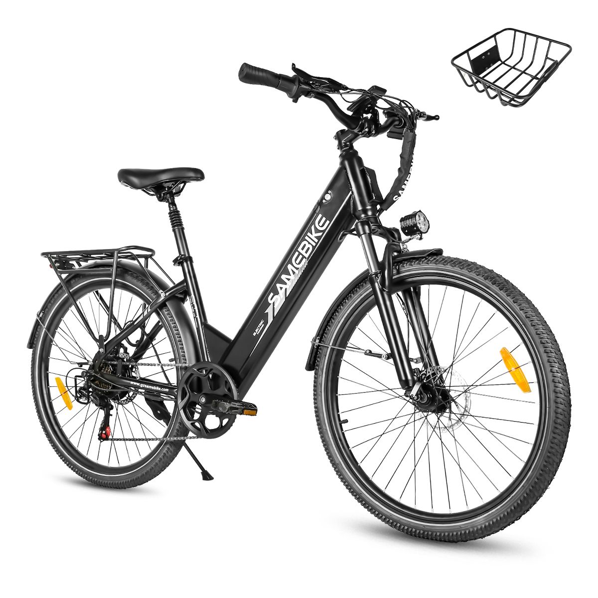 E-bike nera SAMEBIKE RS-A01 Pro-T con cestino. Portapacchi, parafanghi, fari e fanali posteriori.