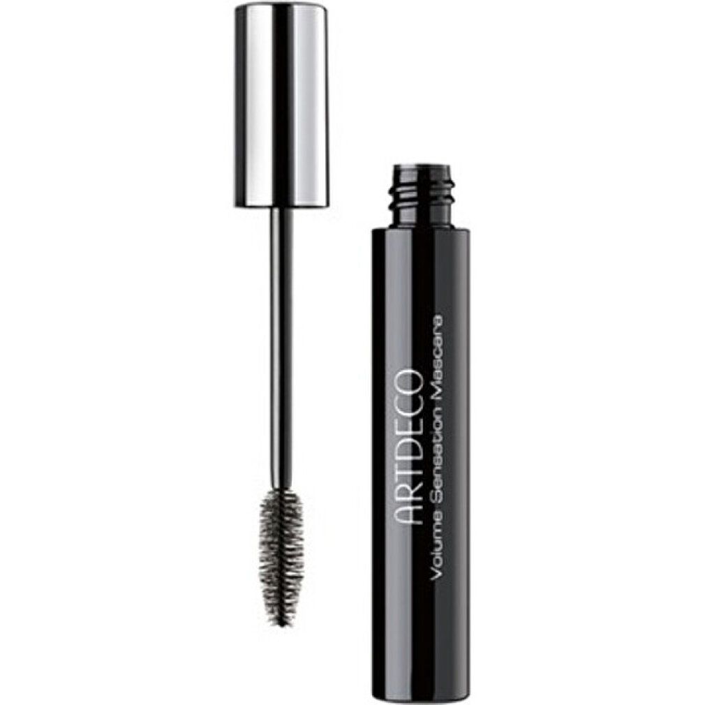 Tubo di mascara nero Artdeco Volume Sensation con cappuccio argentato e spazzola. Cappuccio e spazzola separati.