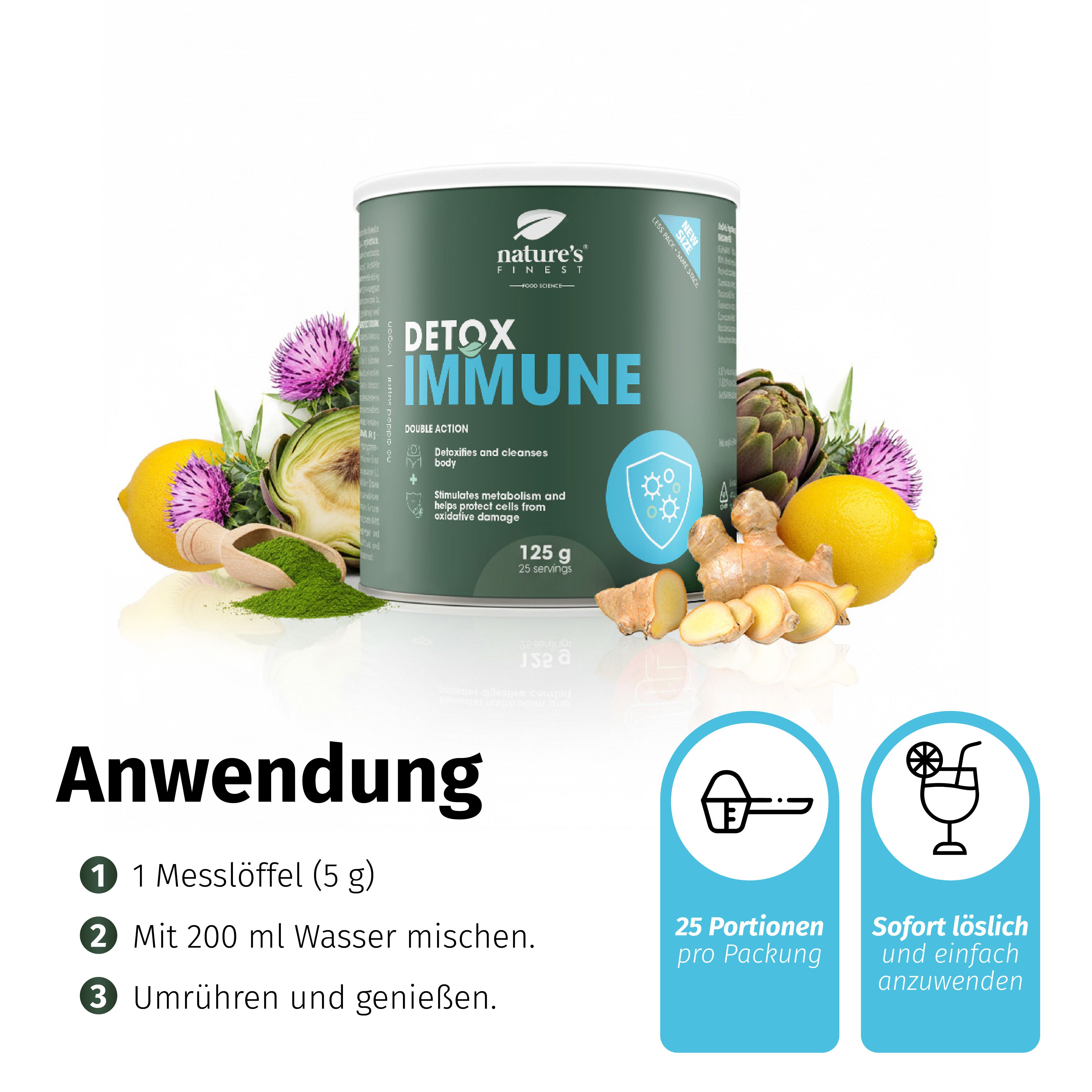 Barattolo Nature's Finest Detox Immune con istruzioni per l'uso e icone per porzioni e preparazione.