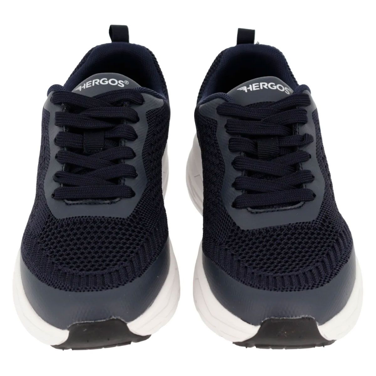 Paio di sneakers Hergos, blu scuro con suola bianca. Tomaia in mesh, lacci. Vista frontale.