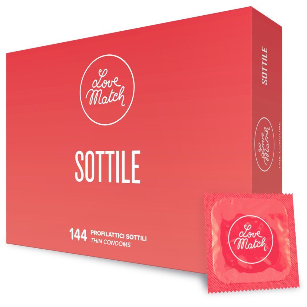 Confezione rossa Sottile e Love Match, contiene 144 profilattici. Confezione singola accanto.