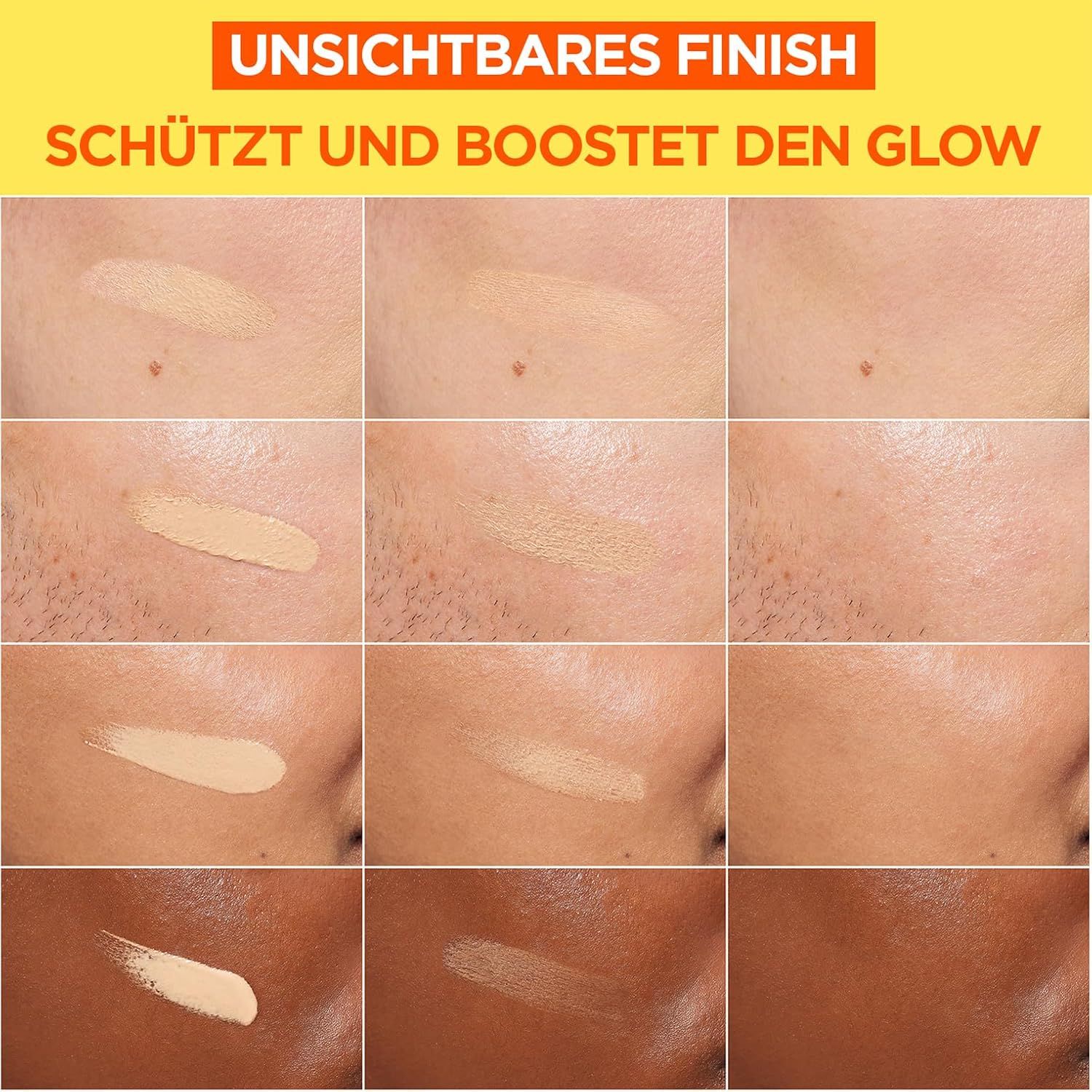 Campioni di pelle con Garnier Vitamin C Daily UV Invisible. 9 quadrati con diverse tonalità di pelle.