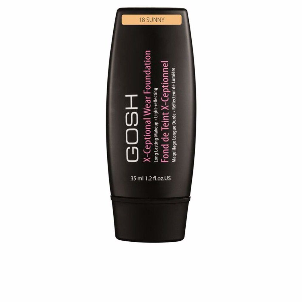 Tubo nero di Gosh X-Ceptional Wear Foundation, tonalità 18 Sunny. Testo in inglese e francese. Contenuto 35 ml.