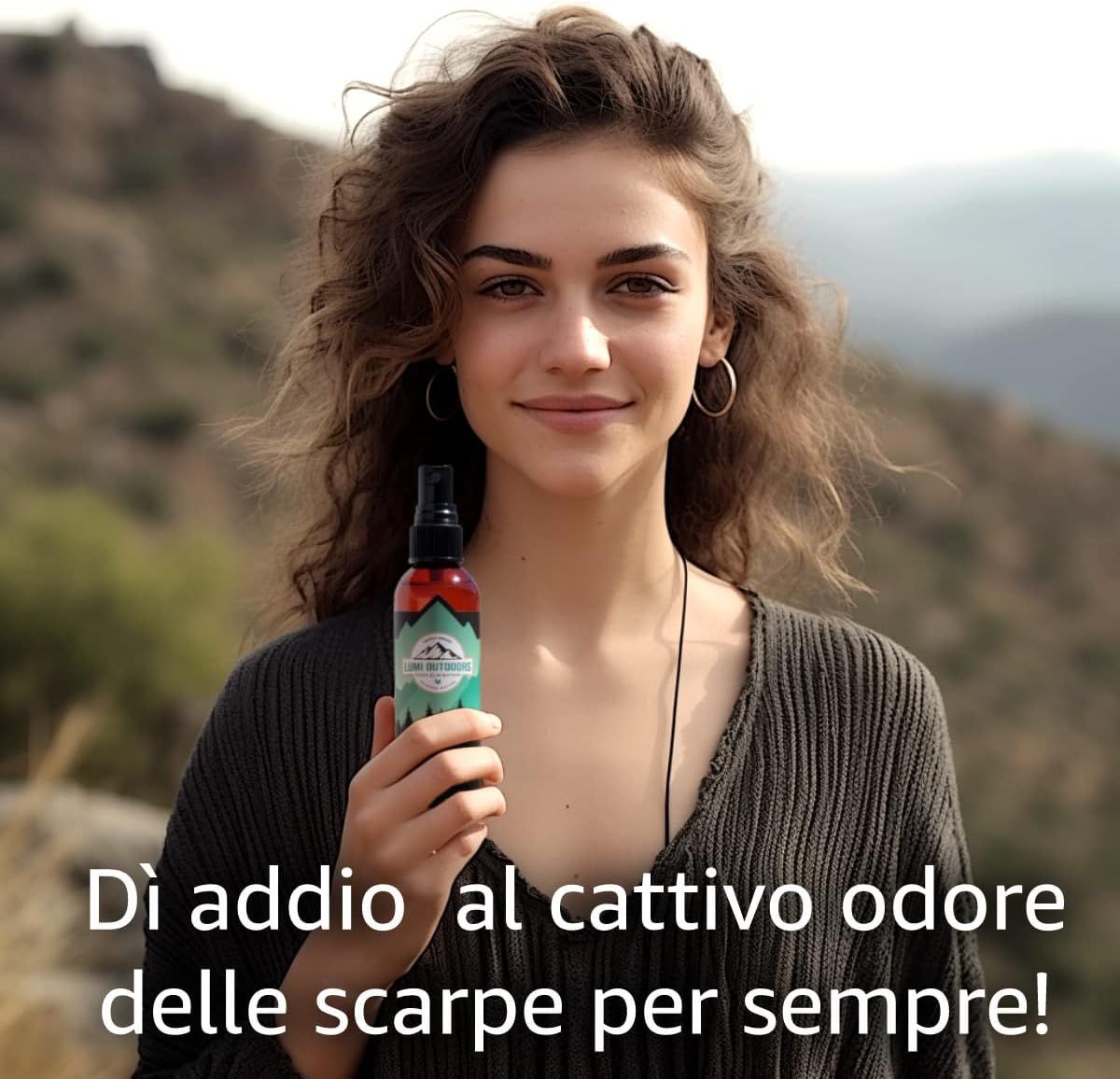 Donna tiene in mano una bottiglia spray con etichetta a tema montano.