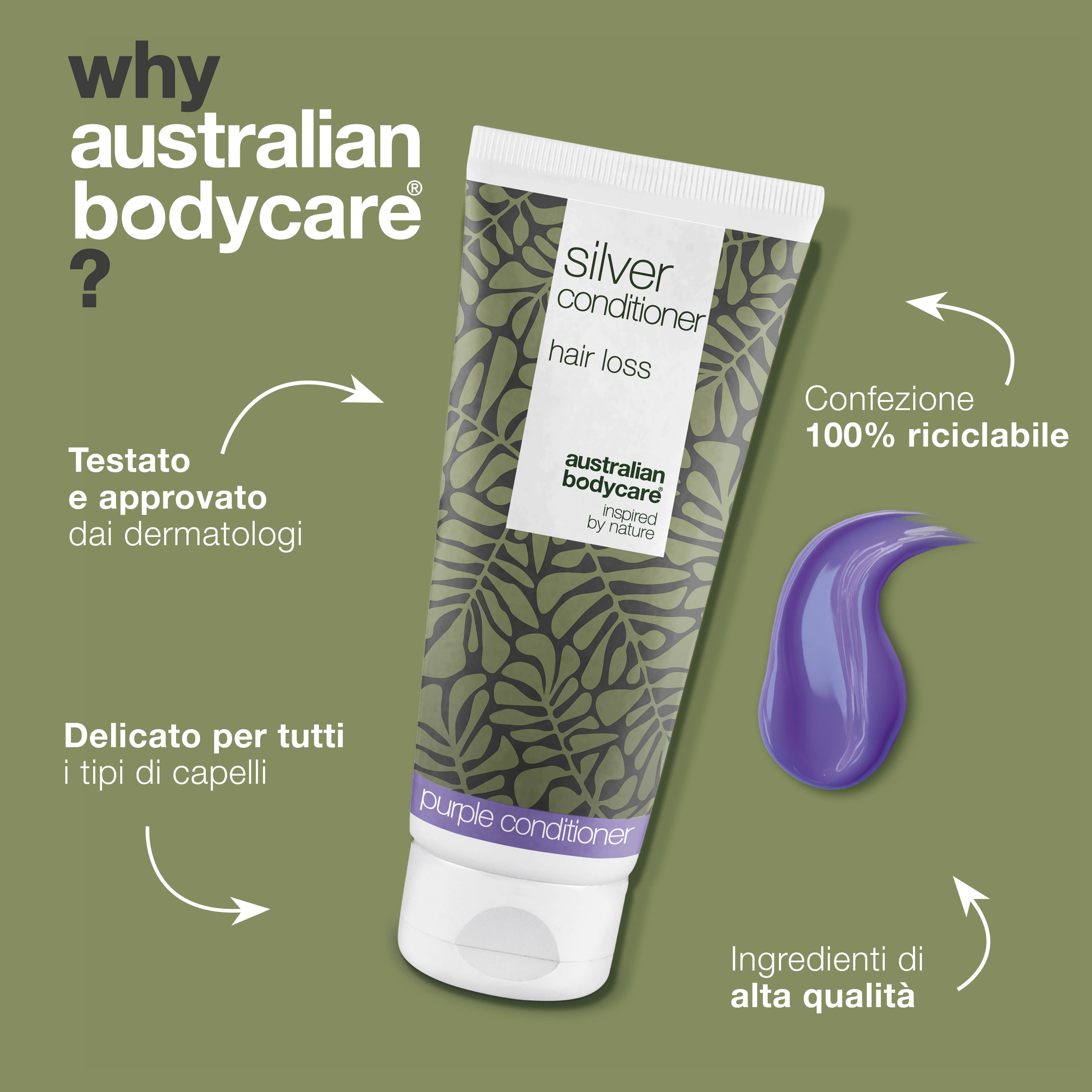 Tubo di balsamo. Testo: Silver Conditioner, caduta dei capelli. Marchio: Australian Bodycare. Testo: Perché Australian Bodycare?