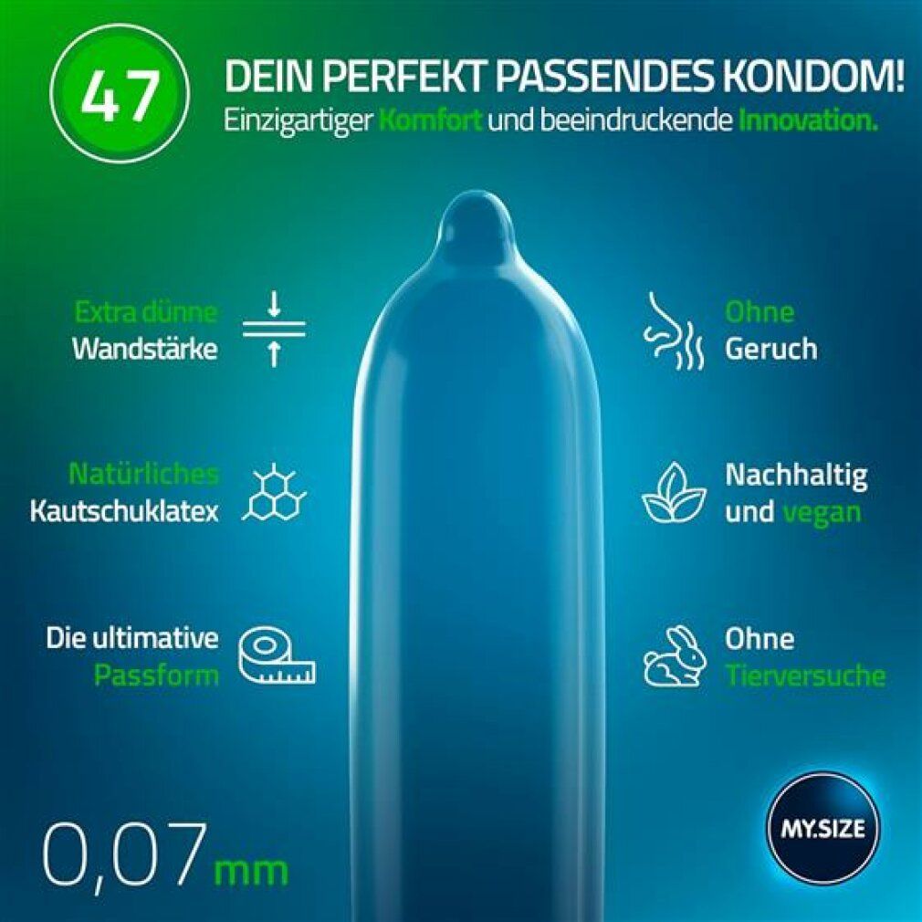 Preservativo blu. Caratteristiche: extra sottile, inodore, vegano, senza test sugli animali. Scritta: 0,07 mm.