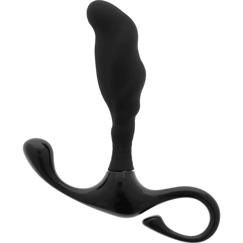 Prodotto benessere nero in silicone. Con impugnatura curva e testa strutturata.