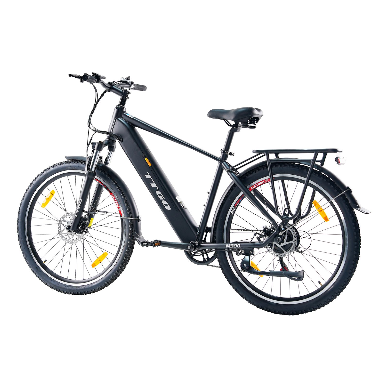 Bicicletta elettrica TTGO M300 nera. Portapacchi, parafanghi, catarifrangenti gialli. Pneumatici Kenda.