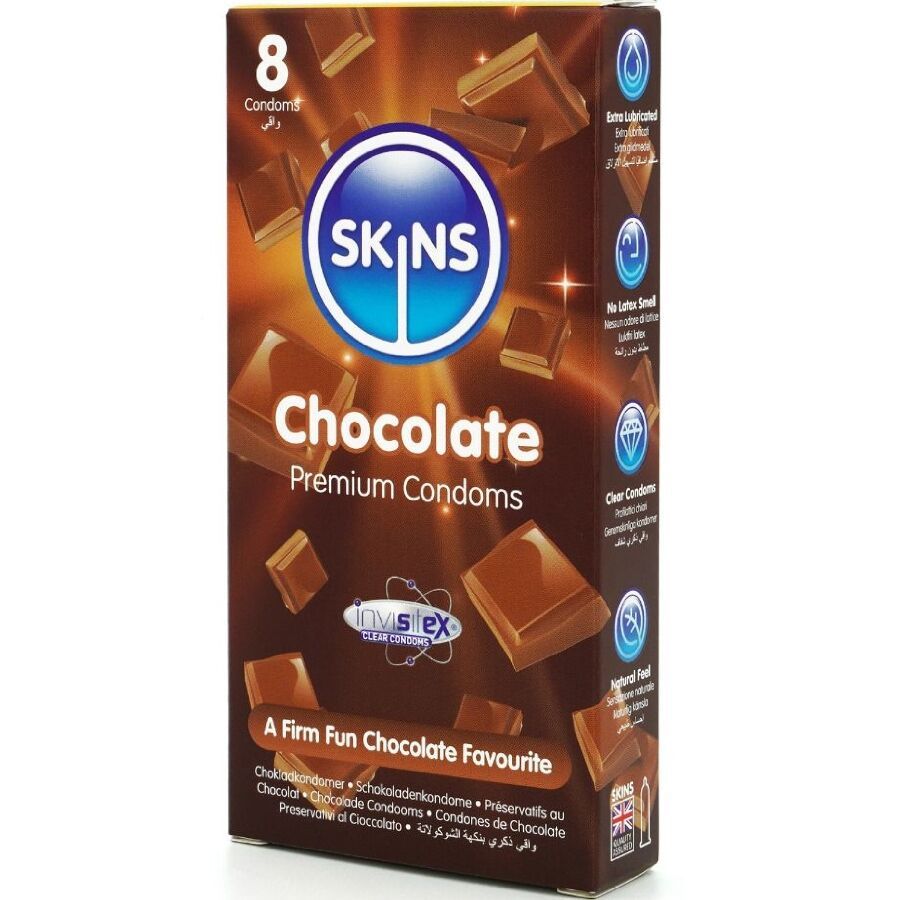 Confezione da 8 preservativi Skins Chocolate. Scritta: Chocolate, Premium Condoms. Immagini di pezzi di cioccolato.