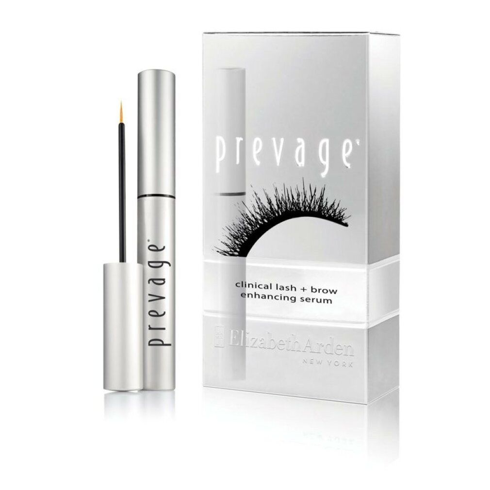 Prodotto e confezione. Tubo con applicatore e scatola. Scritta: prevage, clinical lash + brow enhancing serum, Elizabeth Arden.