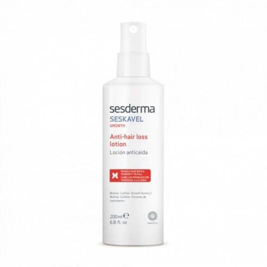 Flacone bianco. Scritta: sesderma SESKAVEL GROWTH Lozione anticaduta. Contiene biotina, caffeina, fattori di crescita. 200ml.