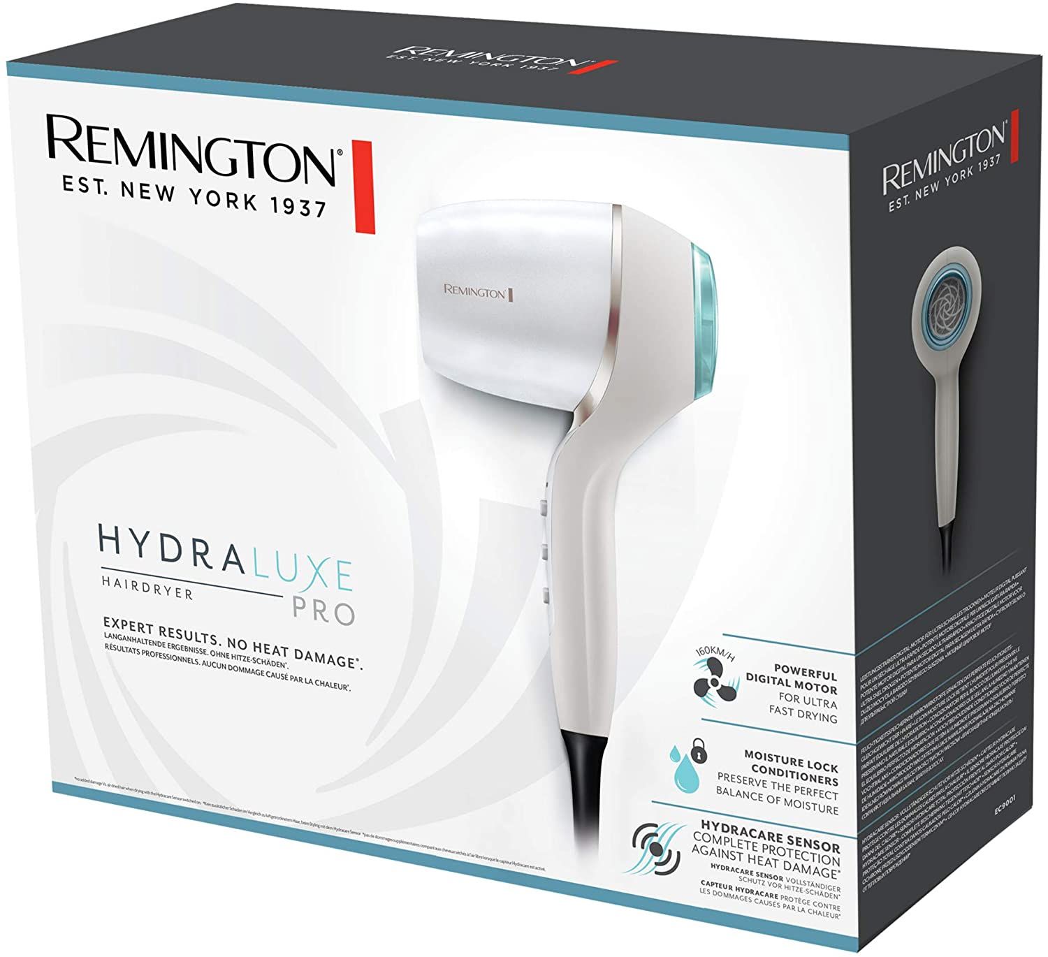 Confezione asciugacapelli. Asciugacapelli bianco con dettagli blu. Testo: Remington HydraLuxe Pro.