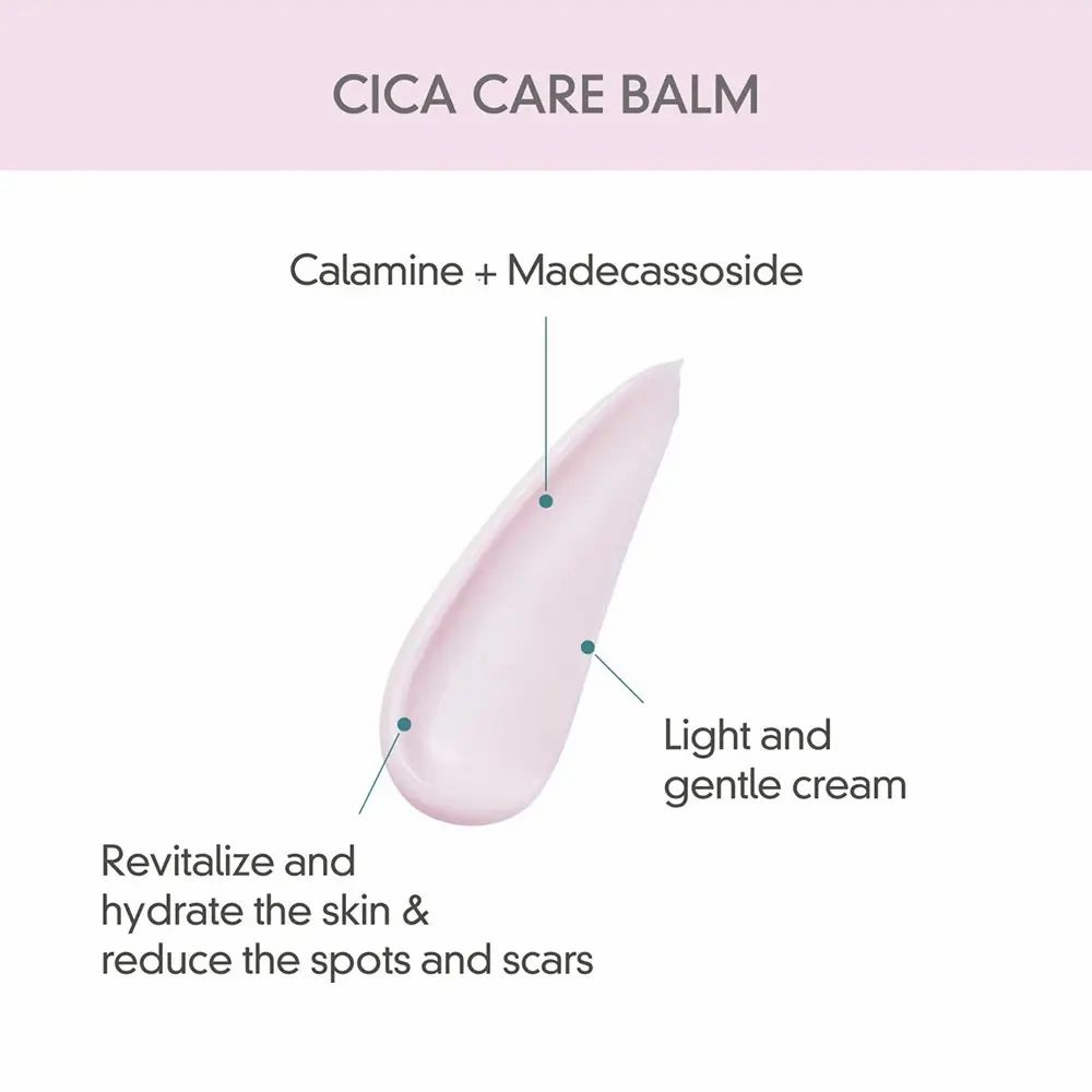 Sbavatura di prodotto. Scritta: Cica Care Balm, Calamine + Madecassoside, Rivitalizza e idrata la pelle.