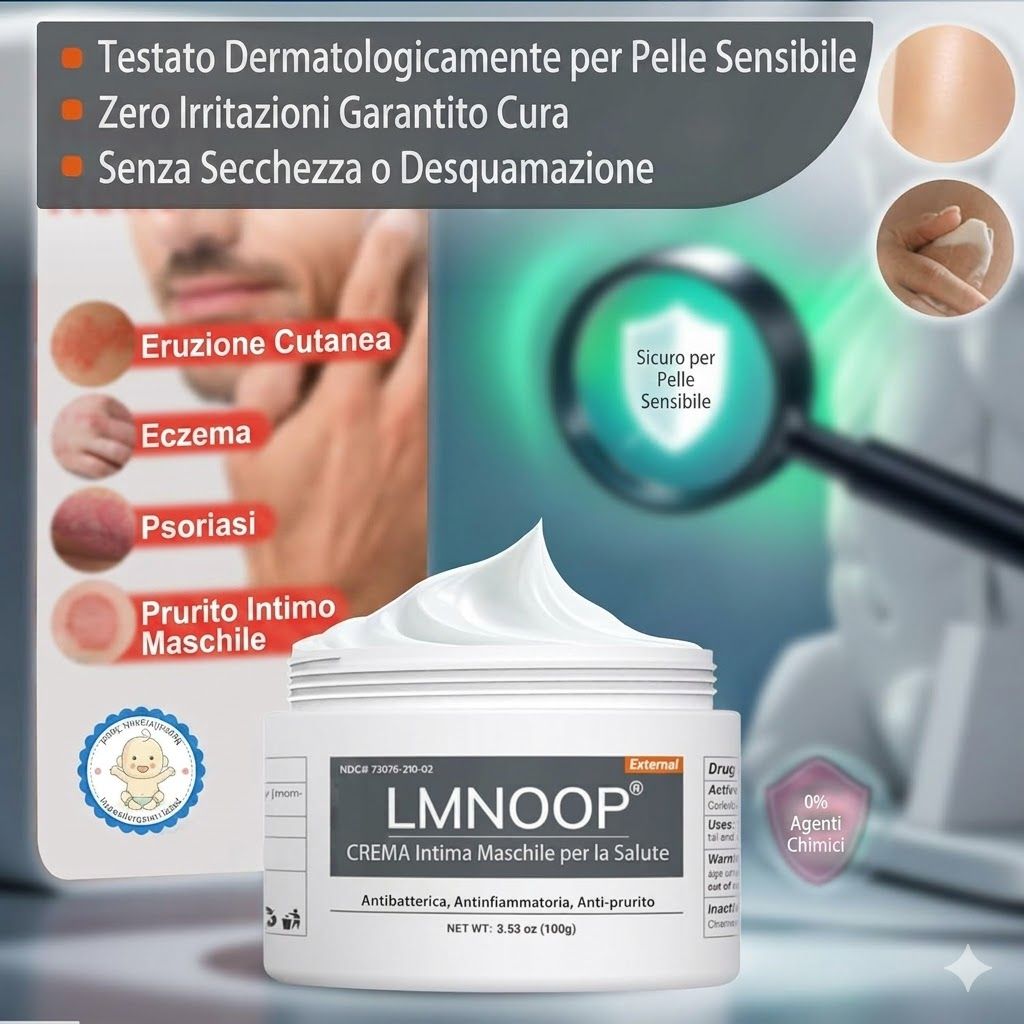 Vasetto di crema bianco. Testo: "LMNOOP CREMA intima maschile per la salute". Testo: Testato dermatologicamente, nessuna irritazione, senza secchezza.