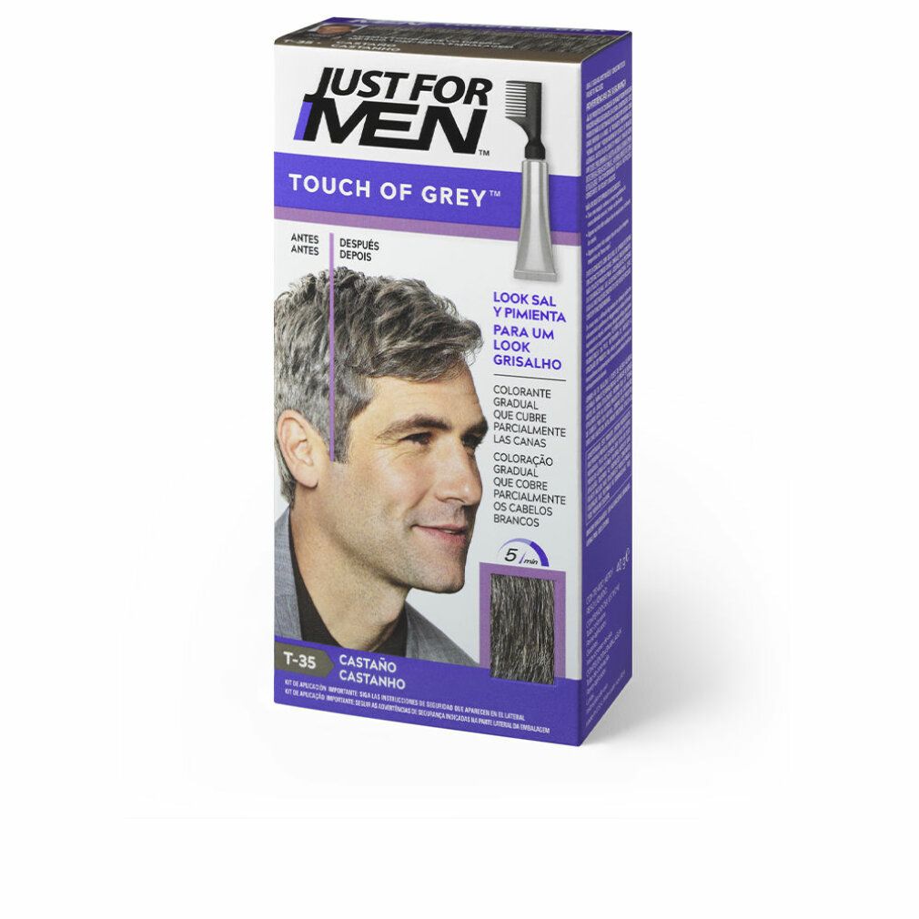 Scatola "TOUCH OF GREY" di JUST FOR MEN. Immagine di uomo con capelli grigi. Include applicatore.