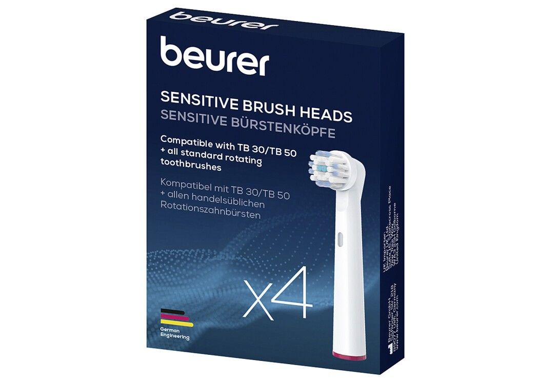 Confezione da quattro testine per spazzolino. Scatola blu con nome del prodotto e marchio. Compatibile con TB 30/TB 50. Con marchio di qualità tedesco.