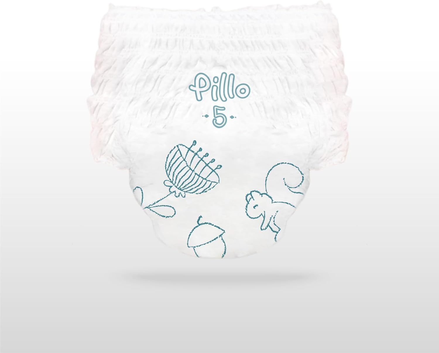 Pillo Pants, taglia 5. Pannolino bianco con motivi floreali e scoiattoli. Fascia elastica.