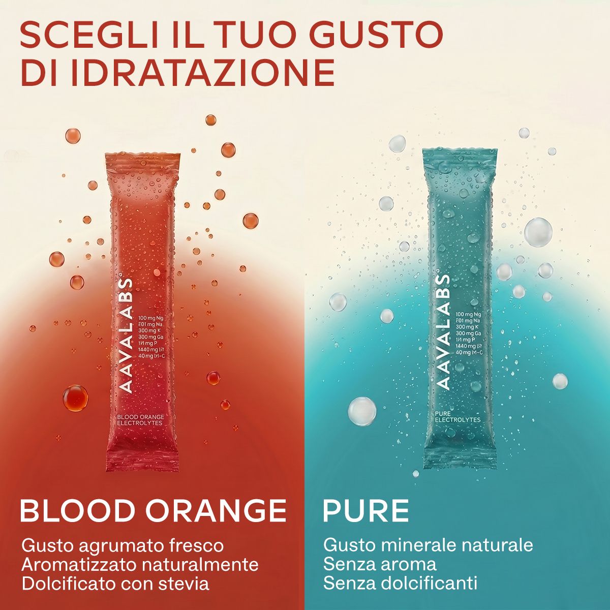 Polvere di elettroliti AAVALABS, icone dei benefici, arancia rossa.