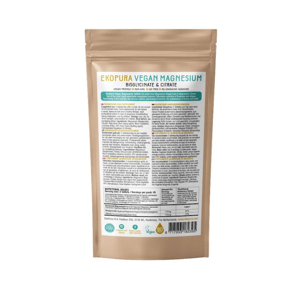 Retro di confezione marrone con testo. Contiene informazioni su ingredienti e valori nutrizionali. Con certificazioni.