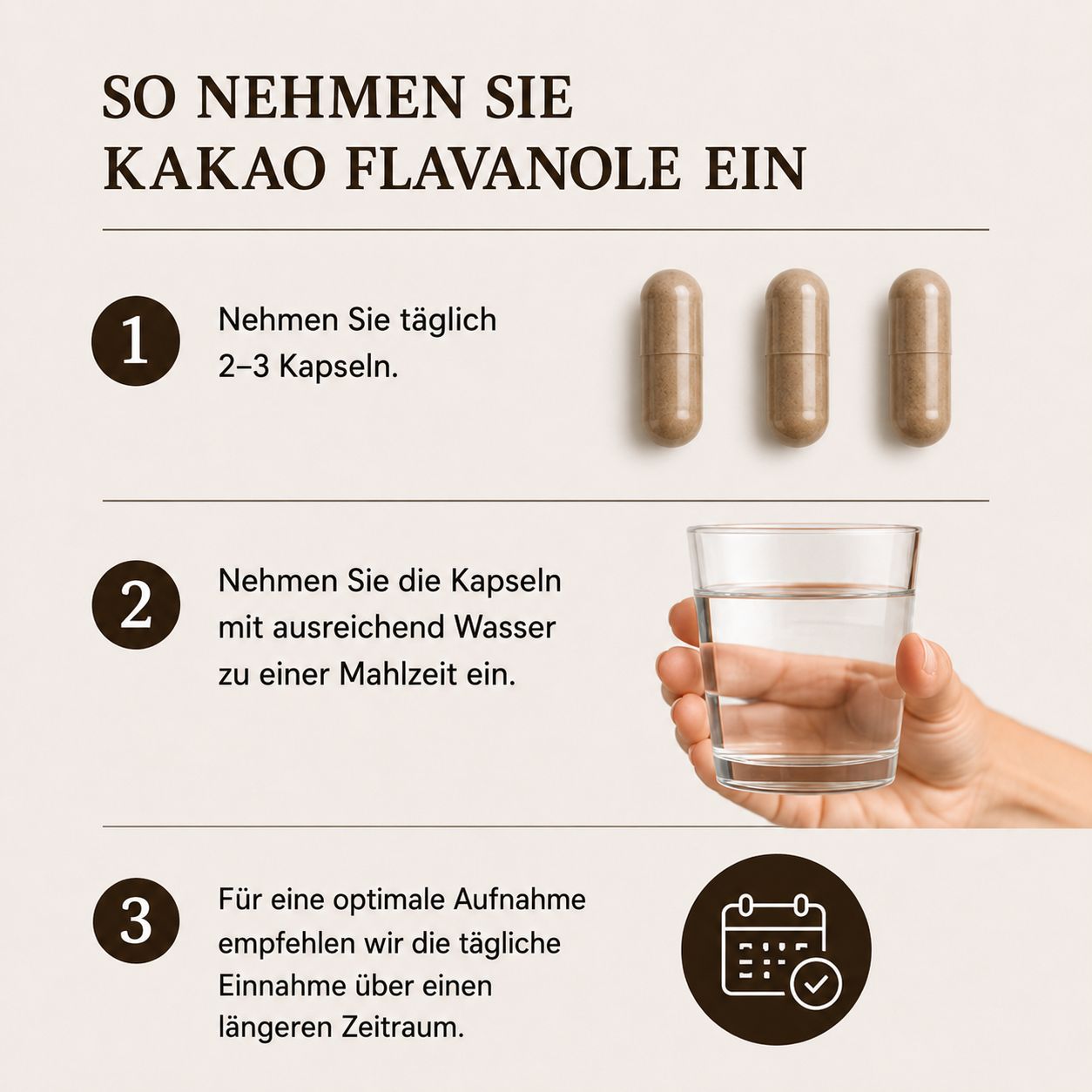 Istruzioni per l'assunzione delle capsule di flavanoli di cacao: 2-3 capsule al giorno con acqua.
