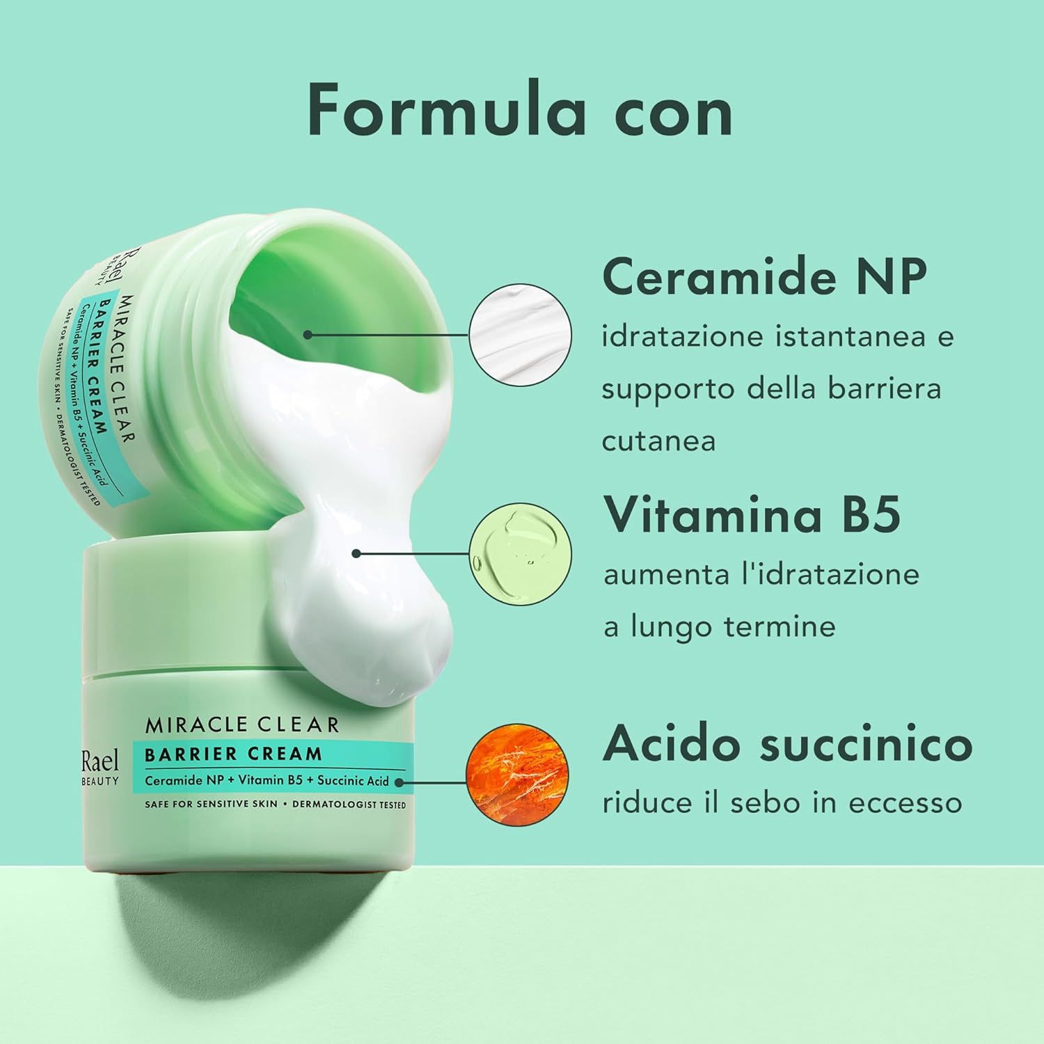 Vasetto di crema e ingredienti. Testo: Ceramide NP, Vitamina B5, Acido succinico. Idratazione istantanea, umidità, riduce l'olio.