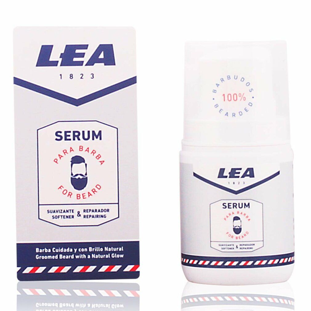 Siero per barba LEA. Flacone e confezione. Bianco, blu e rosso. Testo: Siero, cura della barba.
