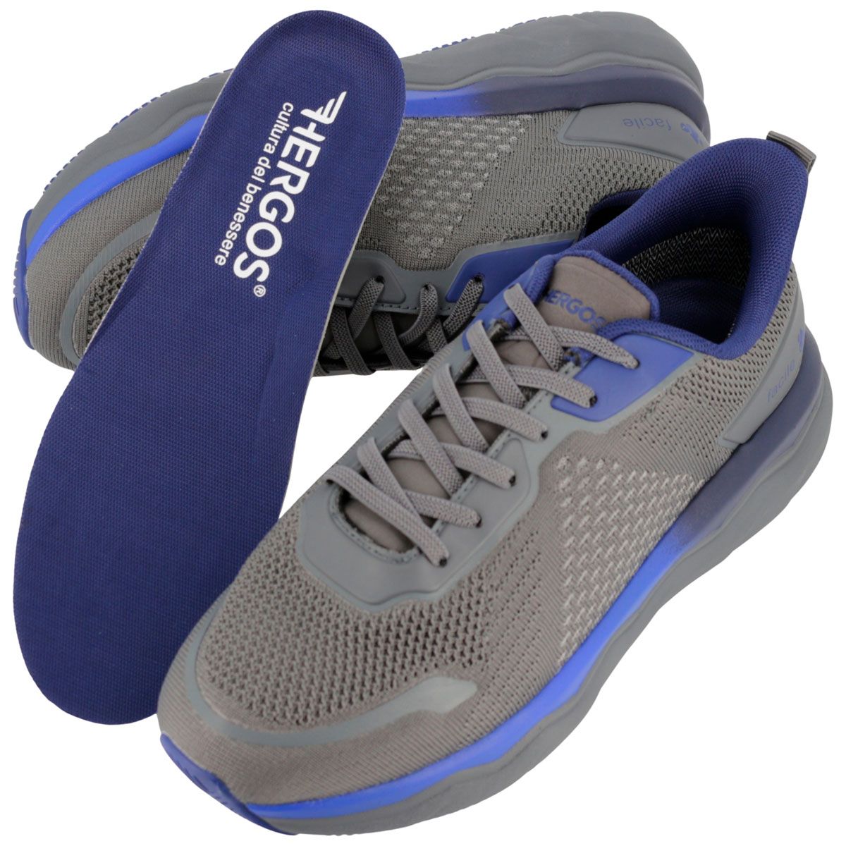 Scarpa sportiva grigia da uomo con accenti blu e soletta rimovibile. Marca: HERGOS.