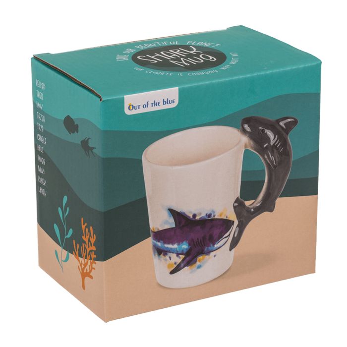 Tazza Becher OOTB Squalo. Tazza bianca con manico a forma di squalo e decorazione di squalo. Confezione con logo.