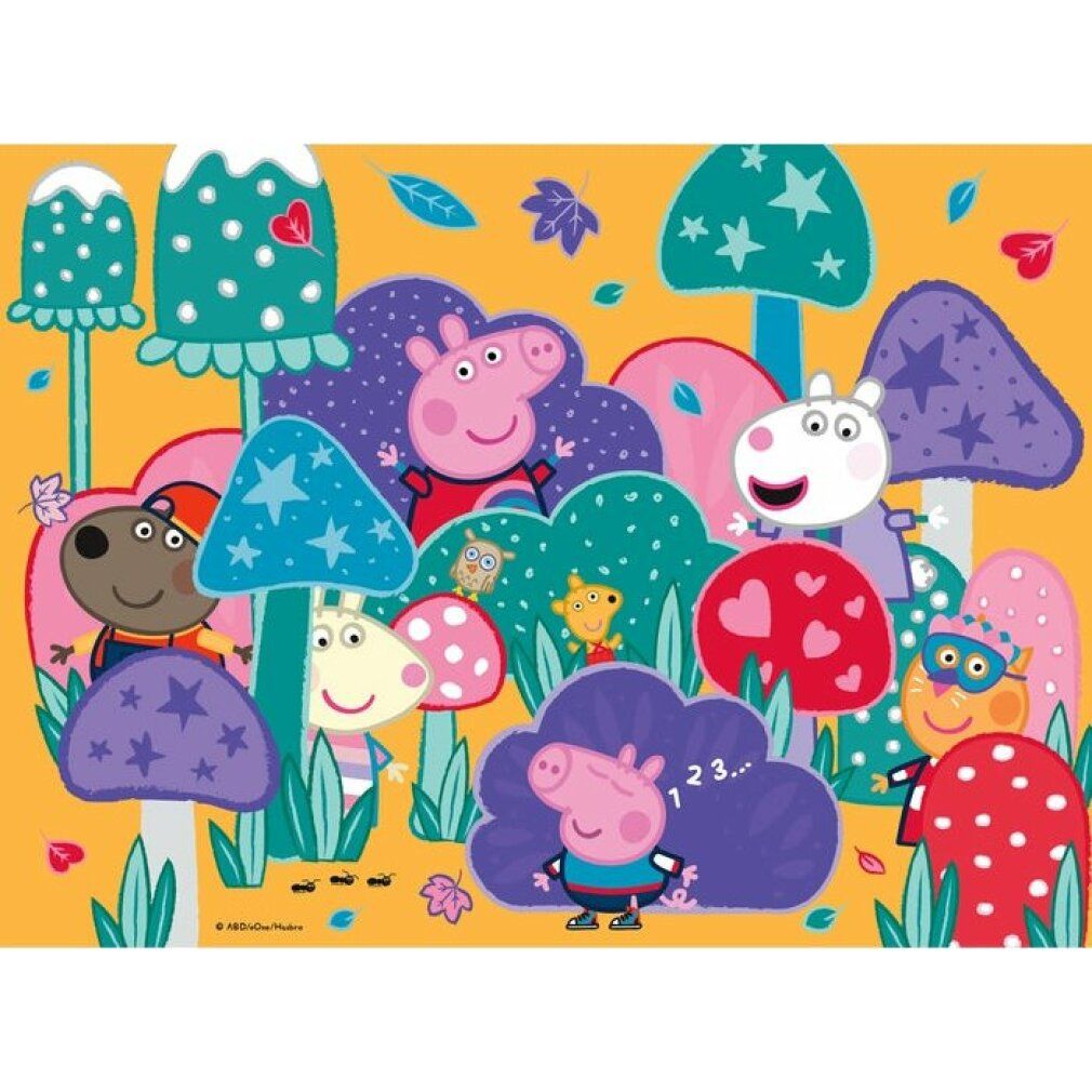 Puzzle Peppa Pig Wasser Magie completo. Personaggi e funghi su sfondo giallo. Colori vari.